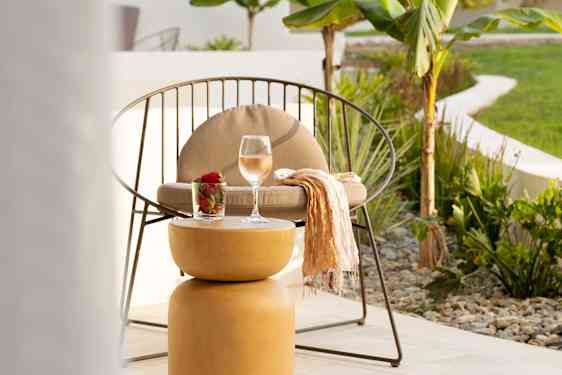 Table with glass of wine and strawberries