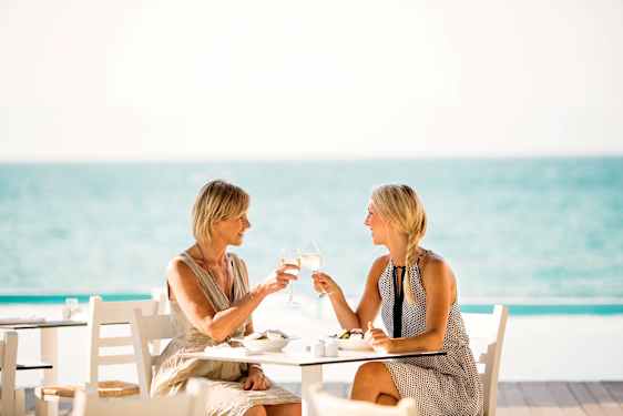Two women sheering at table